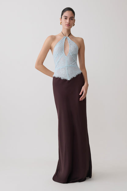 Sascha Spitzen- und Satin-Halter-Maxikleid - Eisblau/Schokolade