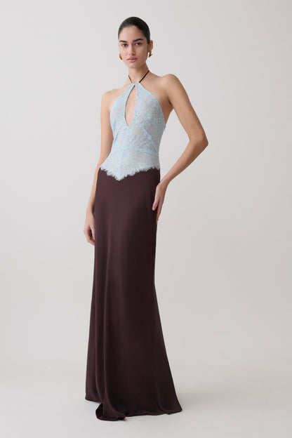 Sascha Spitzen- und Satin-Halter-Maxikleid - Eisblau/Schokolade