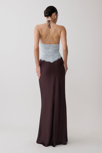 Sascha Spitzen- und Satin-Halter-Maxikleid - Eisblau/Schokolade