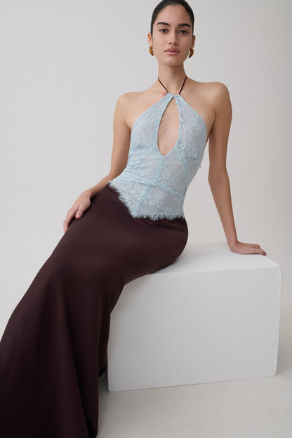 Sascha Spitzen- und Satin-Halter-Maxikleid - Eisblau/Schokolade