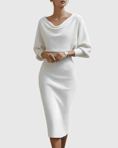 Ismeria | Weiß Drapiertes Midikleid mit Fledermausflügel