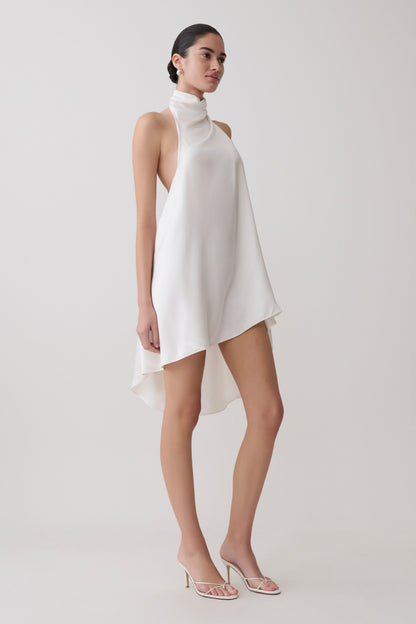 Sydney Asymmetrisches Satin-Halter-Mini-Kleid - Elfenbein