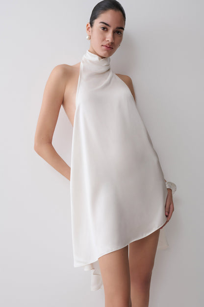 Sydney Asymmetrisches Satin-Halter-Mini-Kleid - Elfenbein