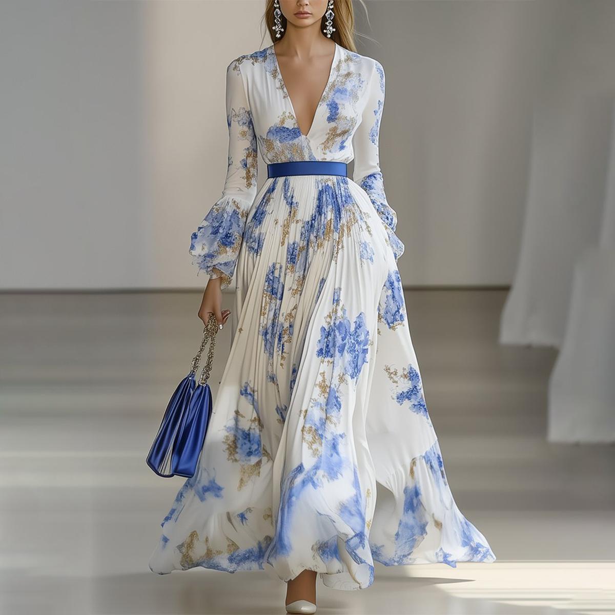 Wunderschönes Blumenmuster V-Ausschnitt Maxikleid