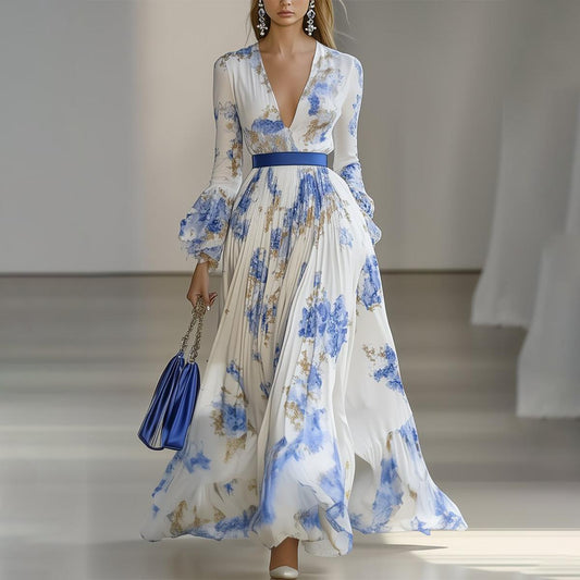 Wunderschönes Blumenmuster V-Ausschnitt Maxikleid