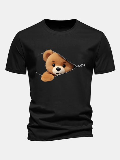 Reguläre Passform Reißverschluss Bären Druck Baumwoll T-Shirt