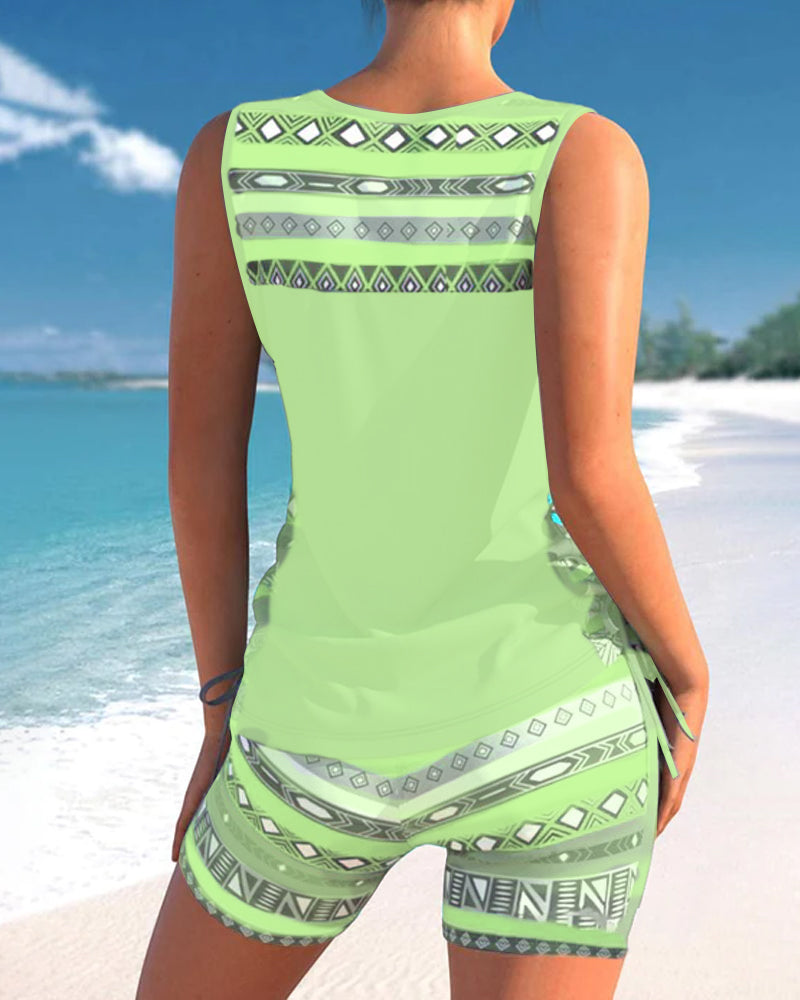 Tankinis mit geometrischem Muster und V-Ausschnitt