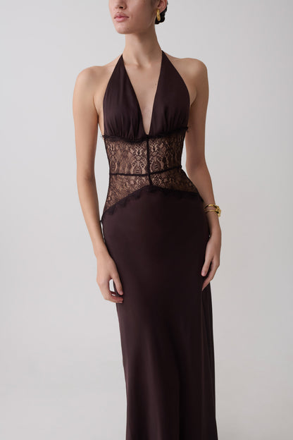 Dinah Spitze und Satin Maxikleid - Schokolade
