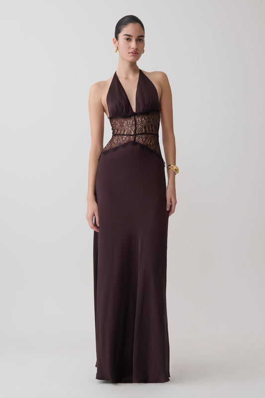 Dinah Spitze und Satin Maxikleid - Schokolade