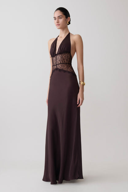 Dinah Spitze und Satin Maxikleid - Schokolade