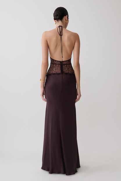 Dinah Spitze und Satin Maxikleid - Schokolade