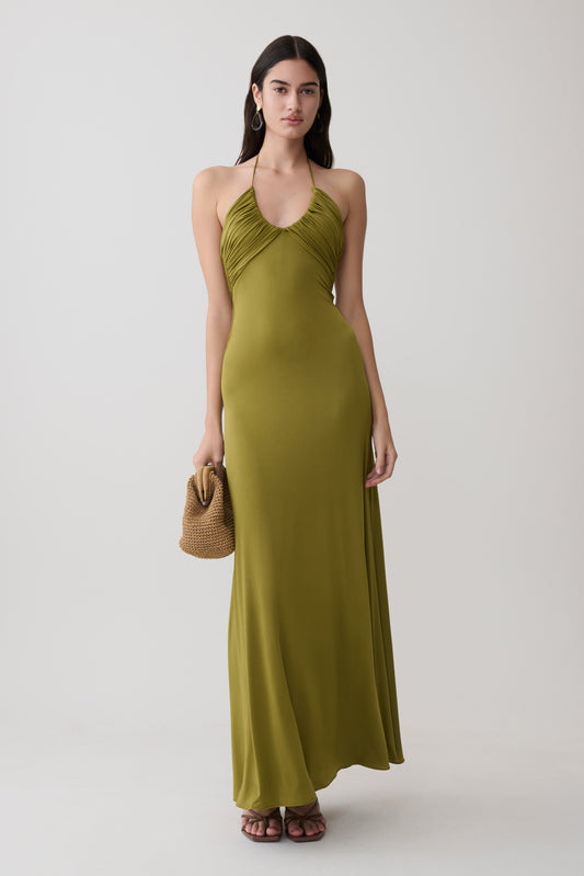 Maely Gathered Slinky Maxi Kleid - Oliv