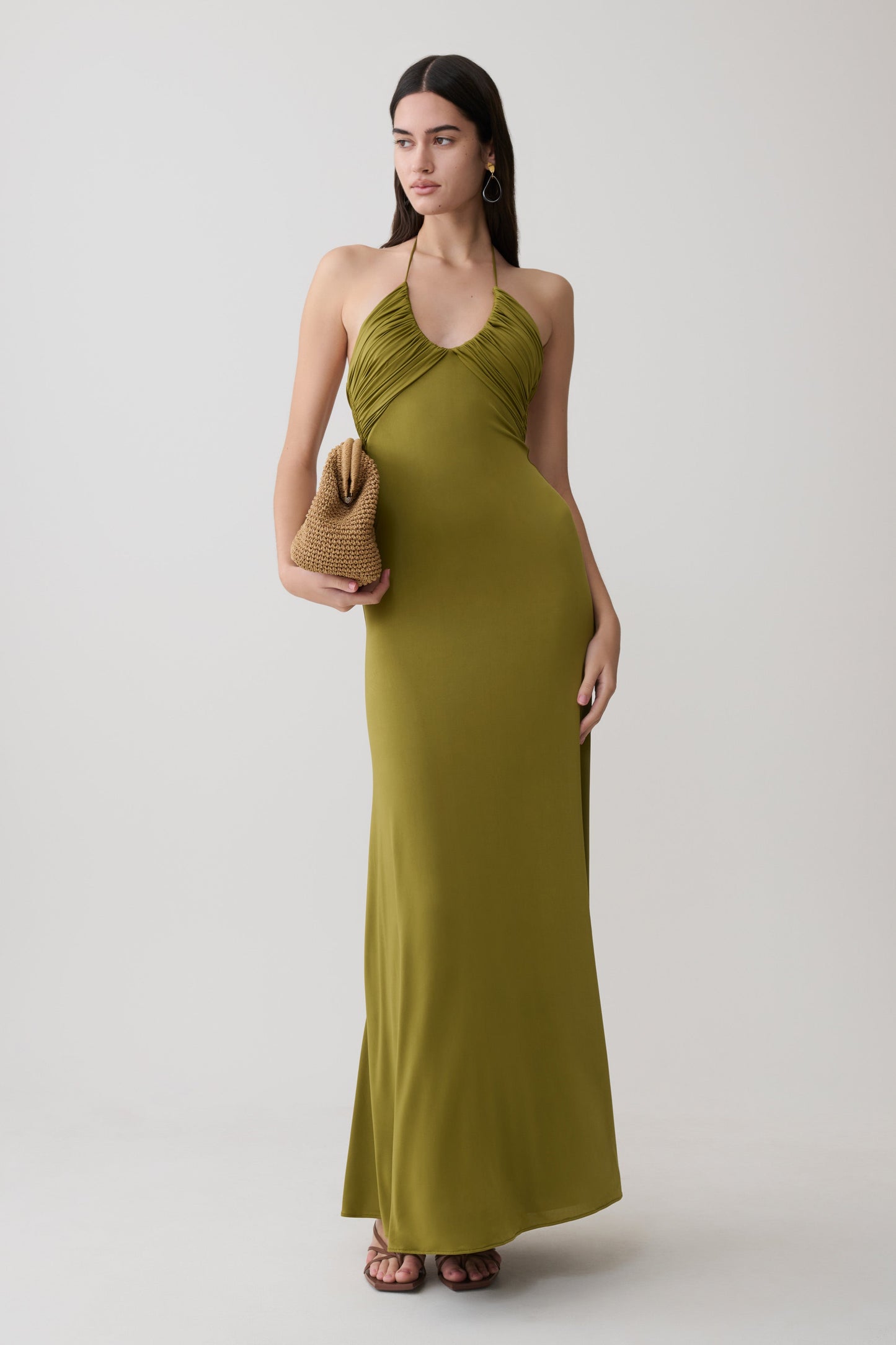 Maely Gathered Slinky Maxi Kleid - Oliv