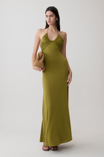 Maely Gathered Slinky Maxi Kleid - Oliv