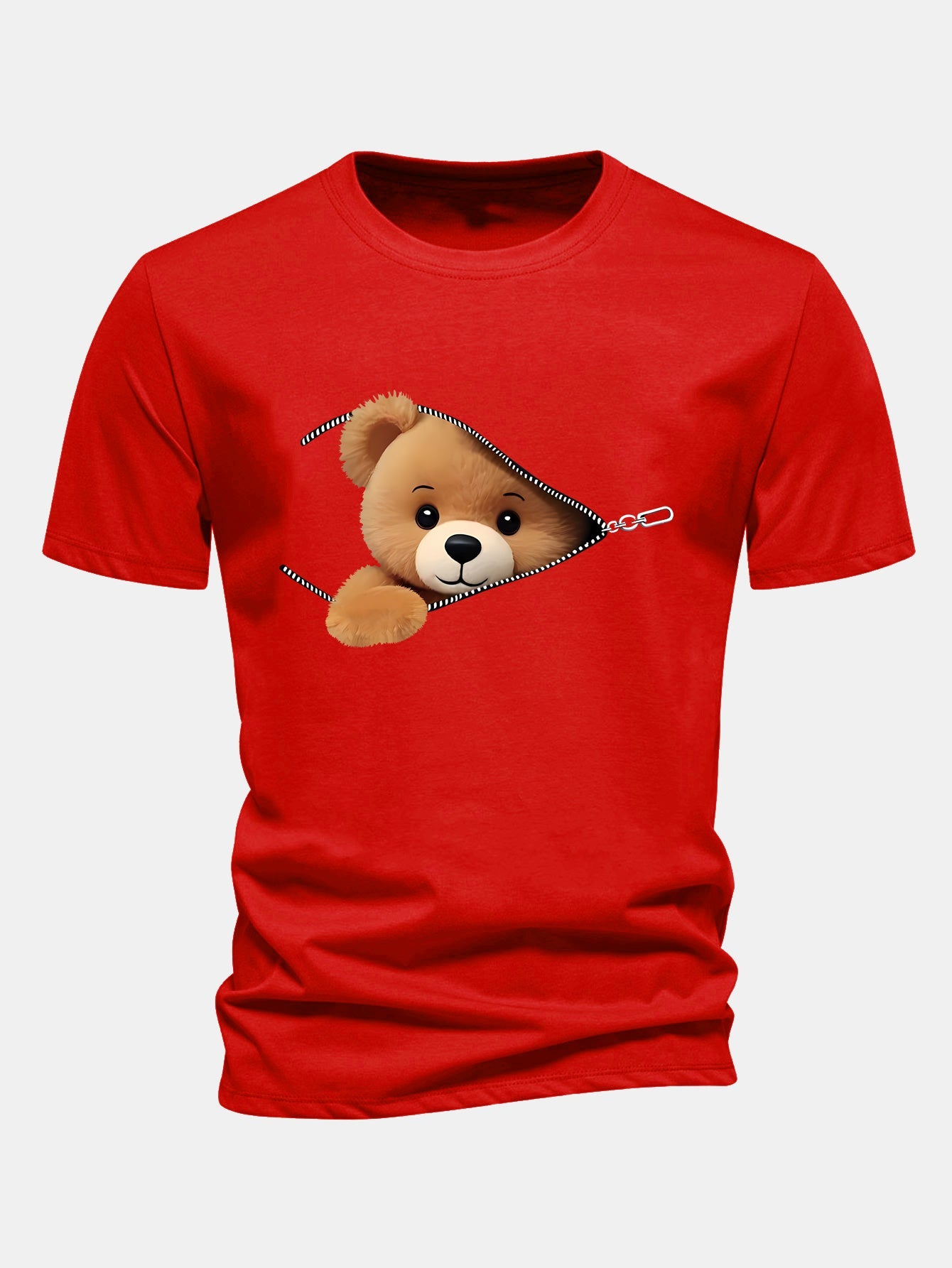 Reguläre Passform Reißverschluss Bären Druck Baumwoll T-Shirt