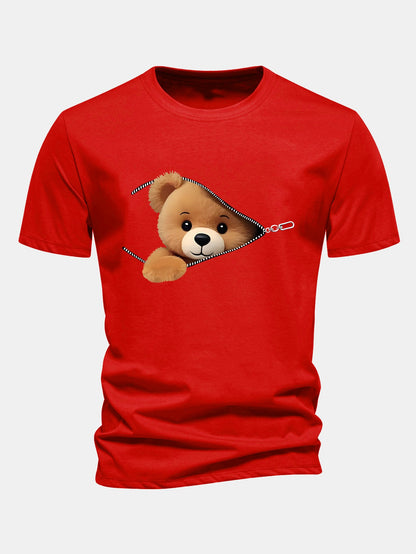 Reguläre Passform Reißverschluss Bären Druck Baumwoll T-Shirt