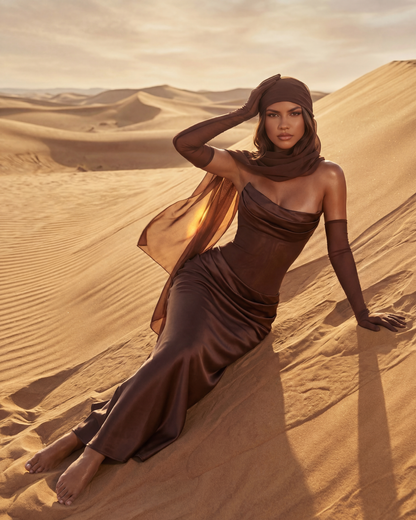 Satin langes Kleid mit drapiertem Ausschnitt