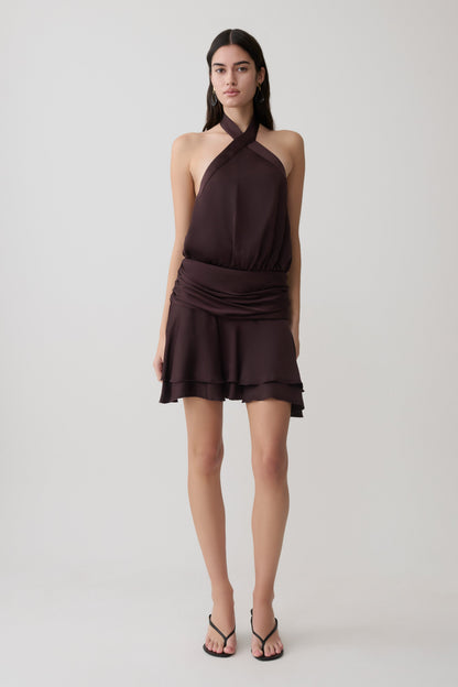 Poppy Satin Halter Mini Kleid - Schokolade