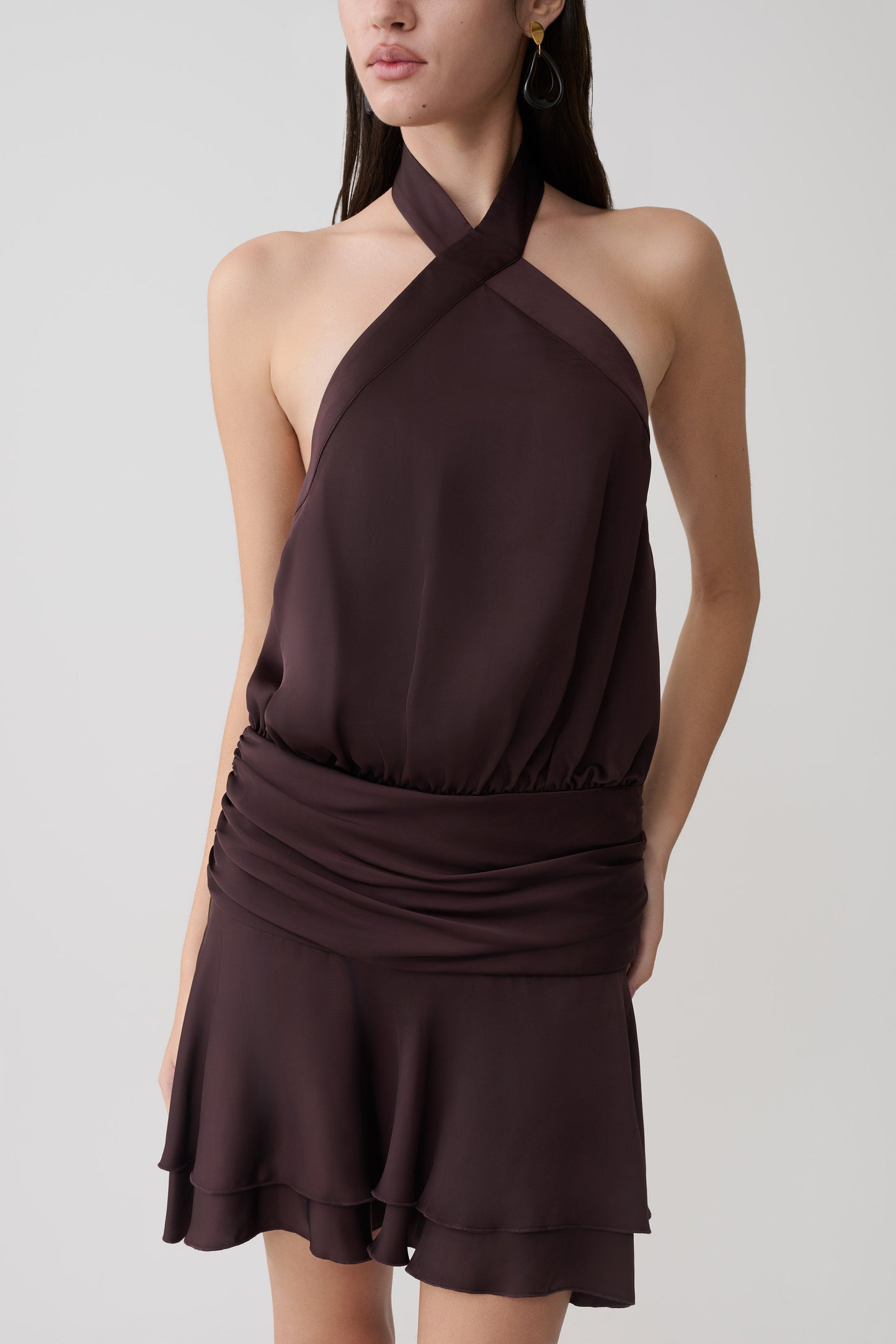 Poppy Satin Halter Mini Kleid - Schokolade