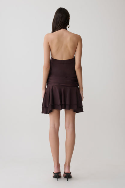 Poppy Satin Halter Mini Kleid - Schokolade