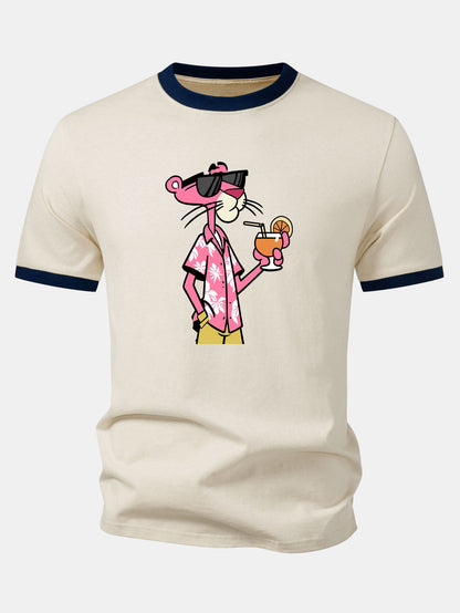 Urlaubs-Pink-Panther-Print Kontrast-Ringer-T-Shirt & Corduroy 7" Shorts