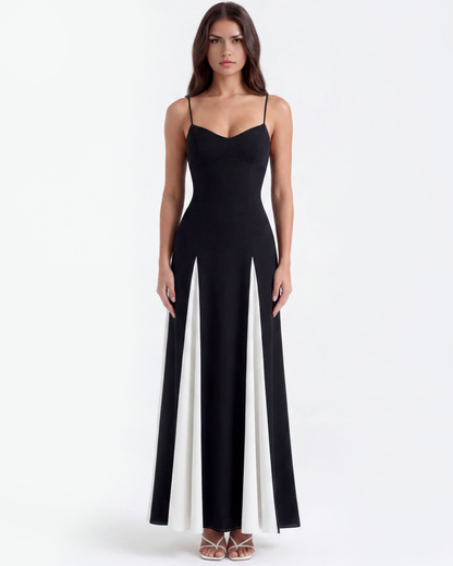 Langes Kleid mit dünnen Trägern und Kontrastpaneelen
