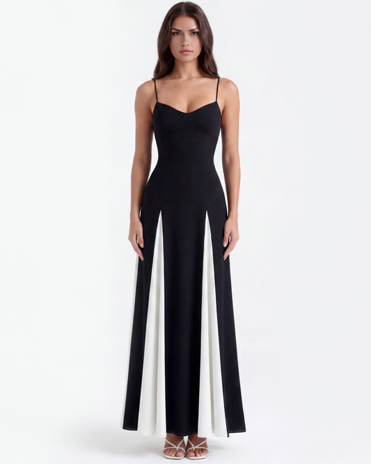 Langes Kleid mit dünnen Trägern und Kontrastpaneelen