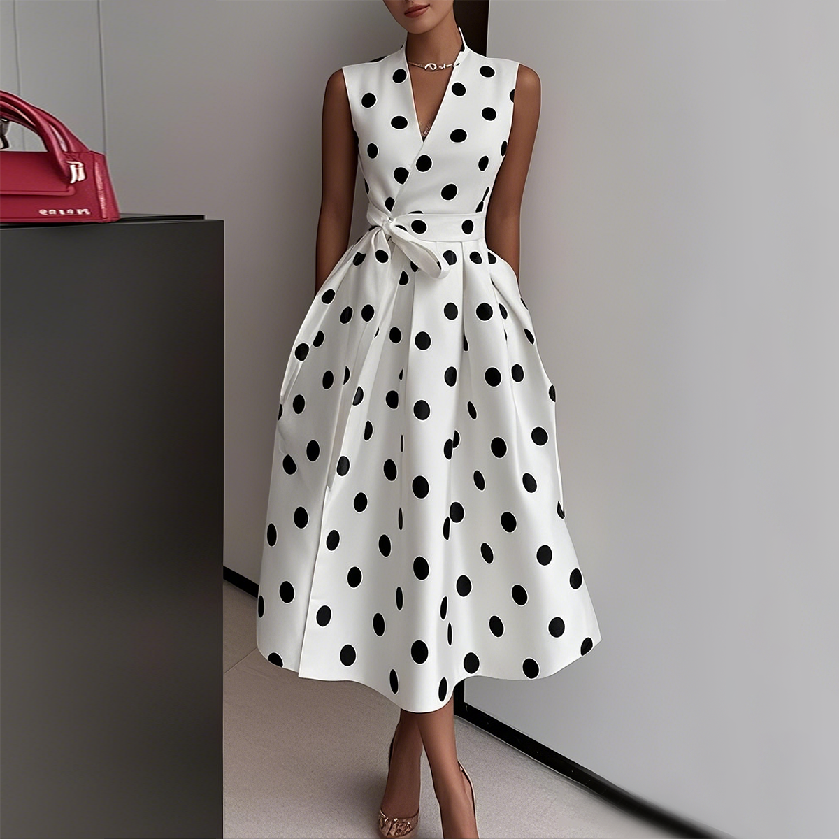 Stilvolles Polka Dot Ärmelloses Midikleid