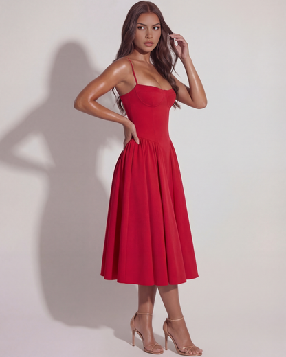 Midi-Kleid mit Korsett und fließendem Rock