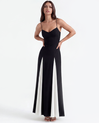 Langes Kleid mit dünnen Trägern und Kontrastpaneelen