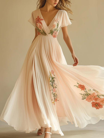 Elegantes V-Ausschnitt Maxikleid mit kurzen Ärmeln