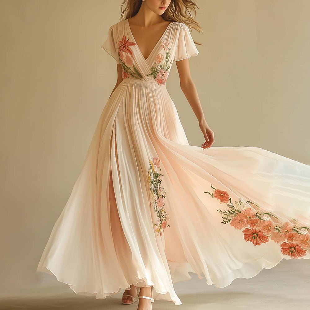 Elegantes V-Ausschnitt Maxikleid mit kurzen Ärmeln