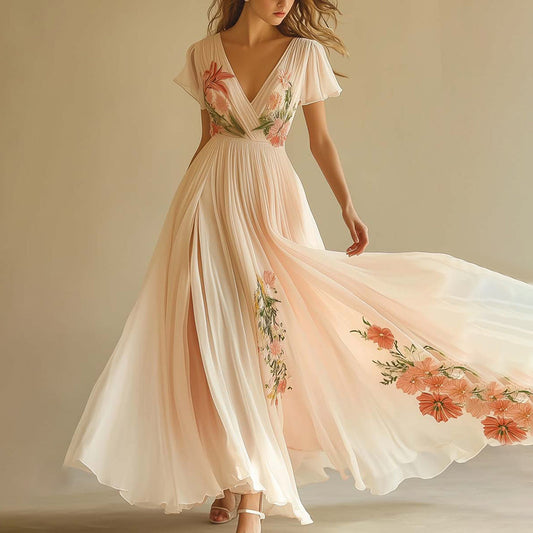 Elegantes V-Ausschnitt Maxikleid mit kurzen Ärmeln