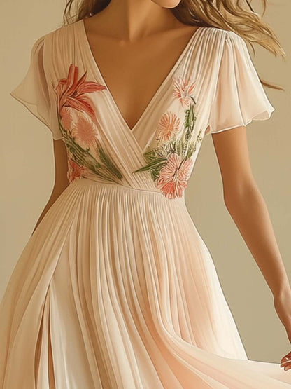 Elegantes V-Ausschnitt Maxikleid mit kurzen Ärmeln