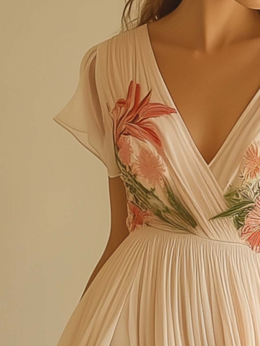 Elegantes V-Ausschnitt Maxikleid mit kurzen Ärmeln
