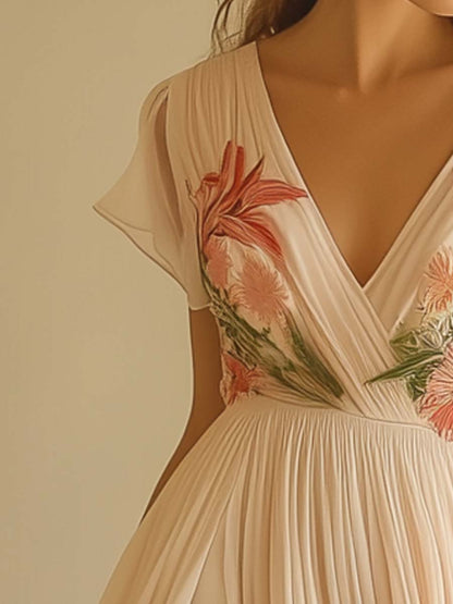 Elegantes V-Ausschnitt Maxikleid mit kurzen Ärmeln