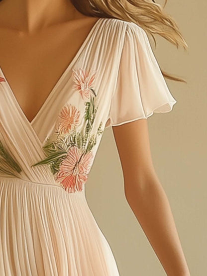Elegantes V-Ausschnitt Maxikleid mit kurzen Ärmeln