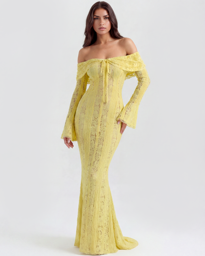 Langes Spitzenkleid mit Bardot-Ausschnitt