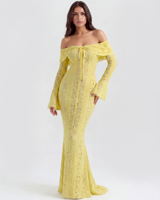 Langes Spitzenkleid mit Bardot-Ausschnitt