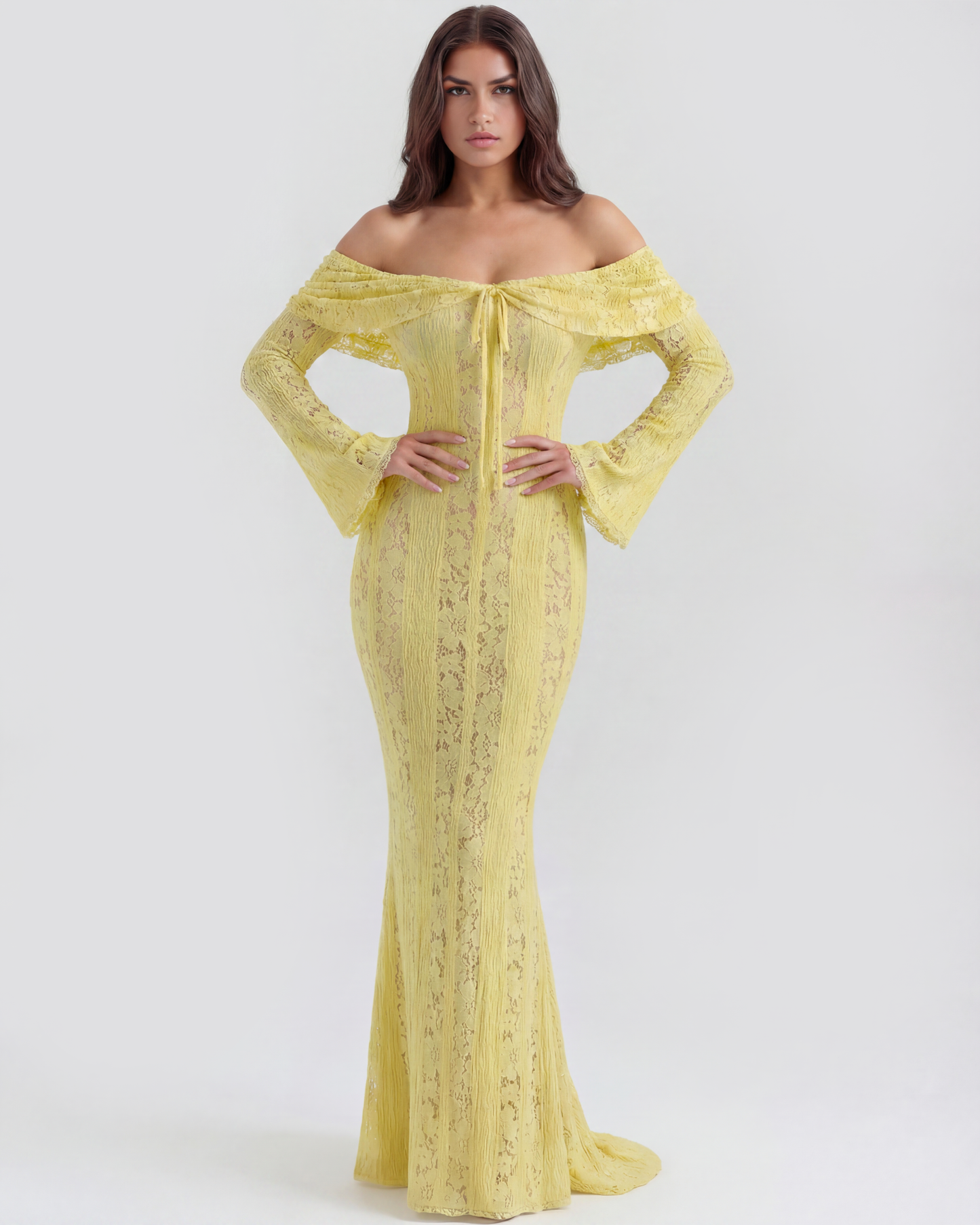 Langes Spitzenkleid mit Bardot-Ausschnitt