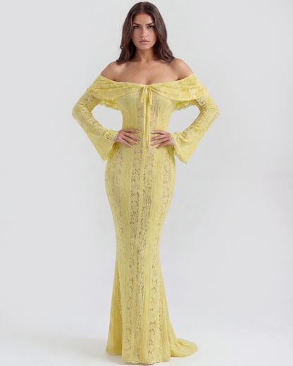 Langes Spitzenkleid mit Bardot-Ausschnitt