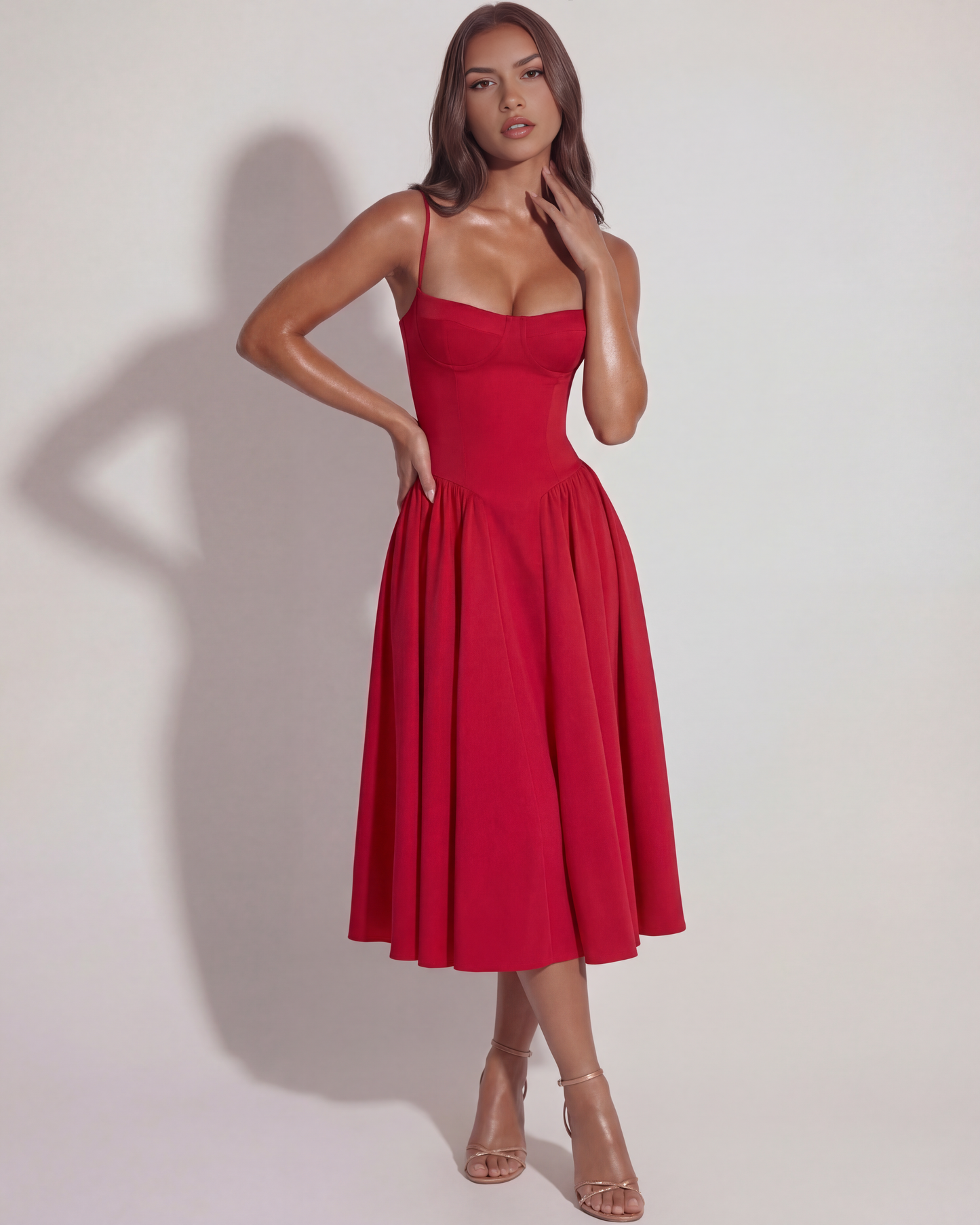 Midi-Kleid mit Korsett und fließendem Rock