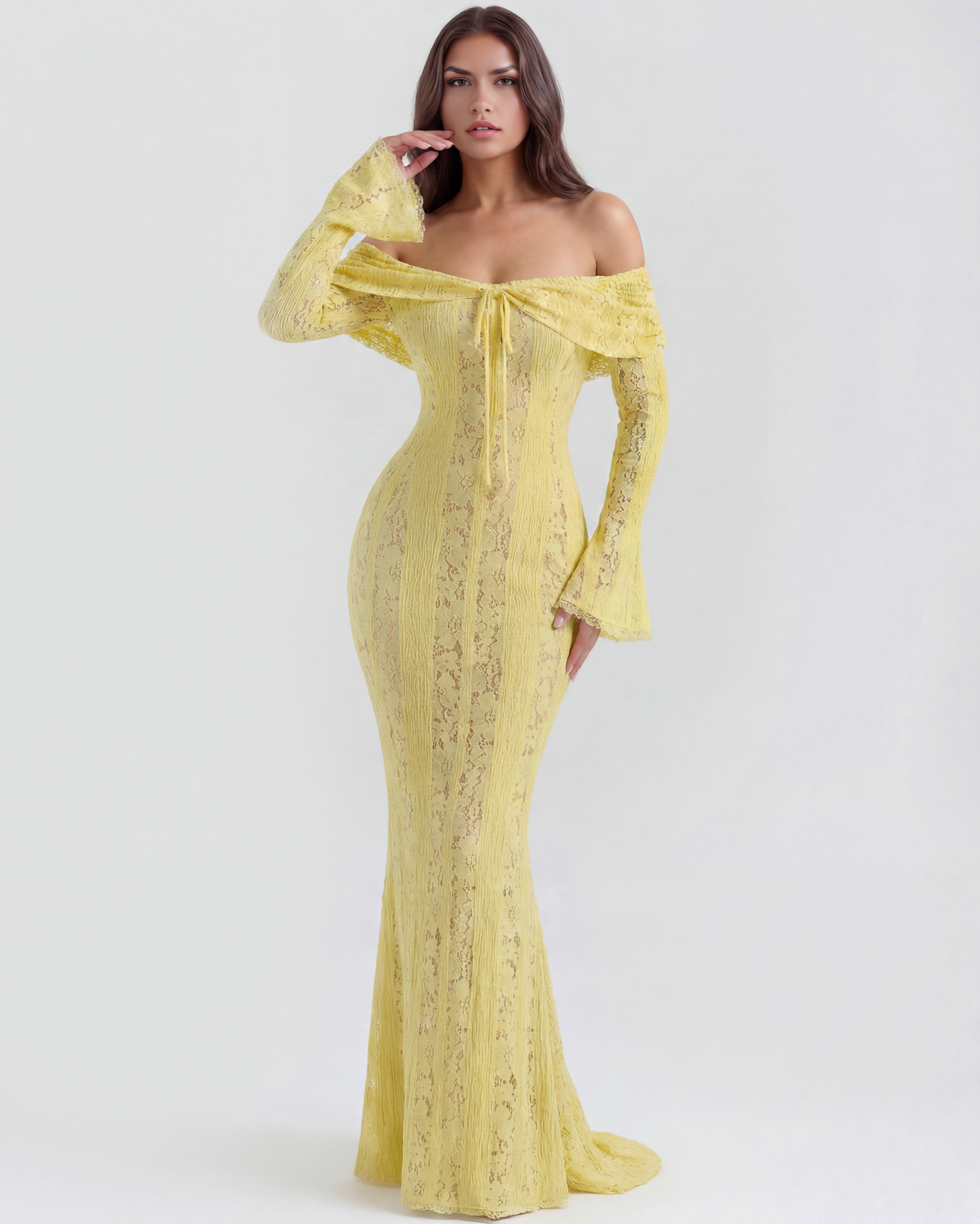 Langes Spitzenkleid mit Bardot-Ausschnitt