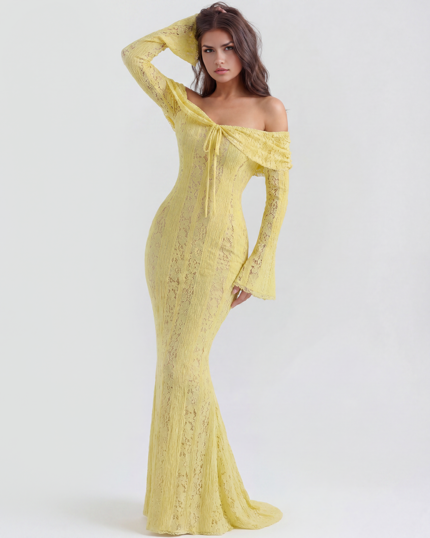 Langes Spitzenkleid mit Bardot-Ausschnitt