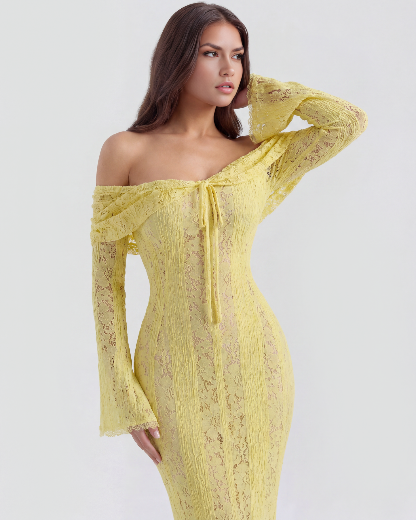 Langes Spitzenkleid mit Bardot-Ausschnitt