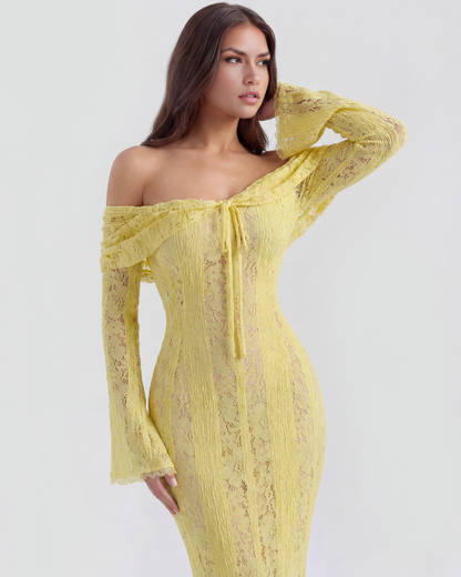 Langes Spitzenkleid mit Bardot-Ausschnitt