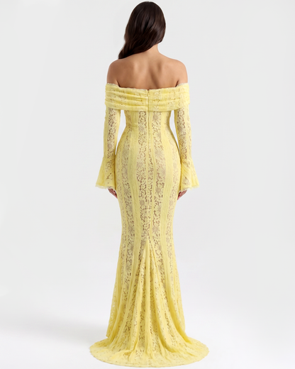 Langes Spitzenkleid mit Bardot-Ausschnitt