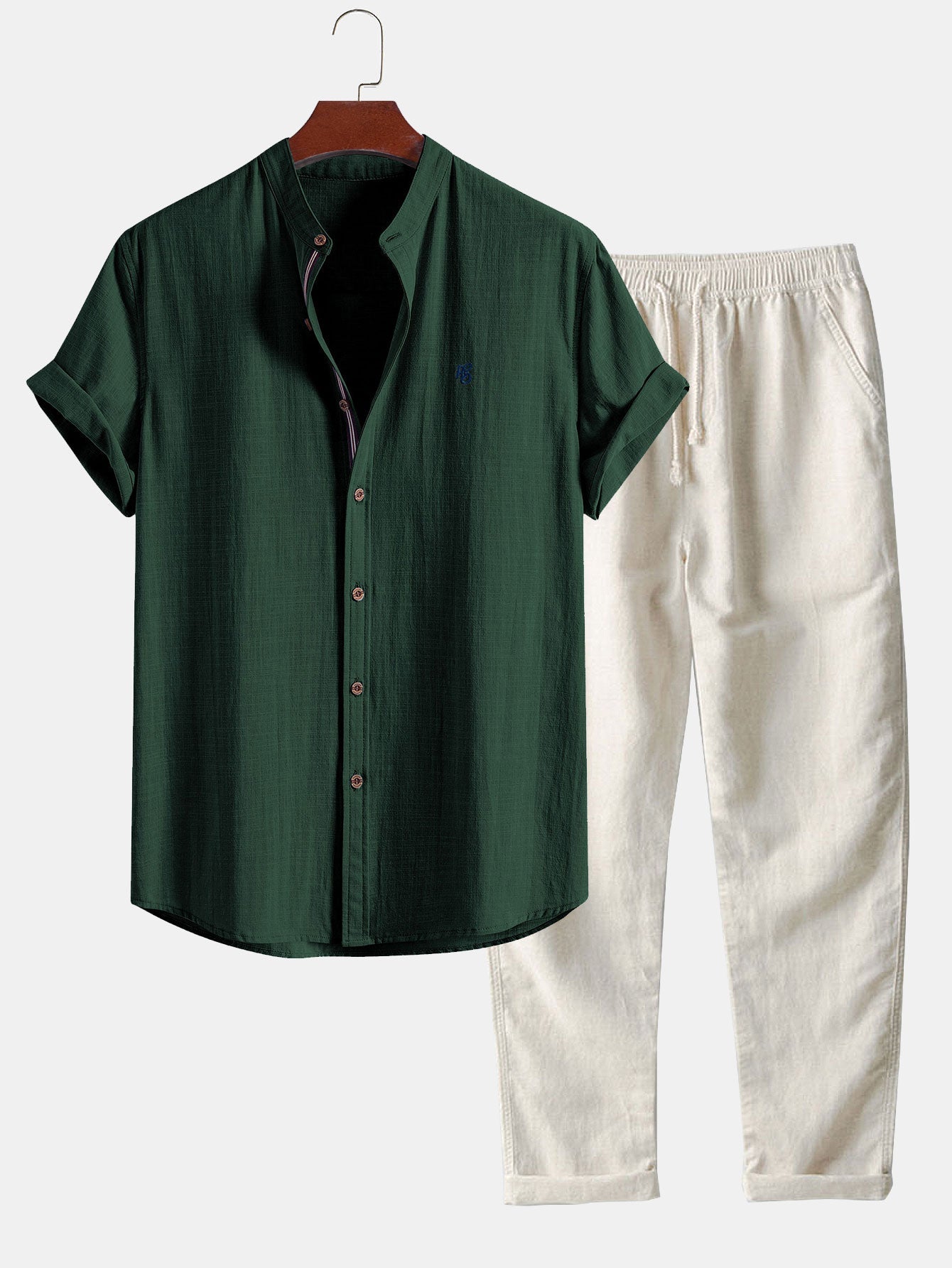 Kurzärmliges Hemd im Leinen-Look mit Stehkragen & gerade geschnittene Leinenhose