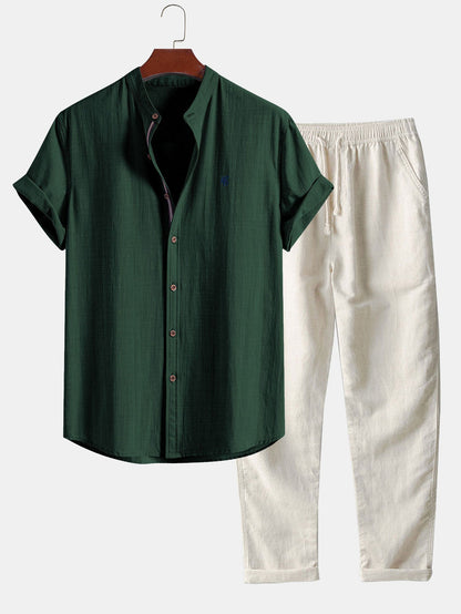 Kurzärmliges Hemd im Leinen-Look mit Stehkragen & gerade geschnittene Leinenhose