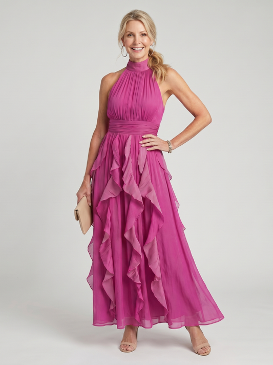Orea | Maxikleid mit hohem Hals und gerafften Rüschenschichten